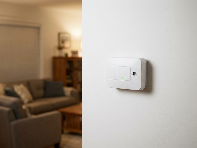 UL-listed CO alarm mounted on interior wall with green status light