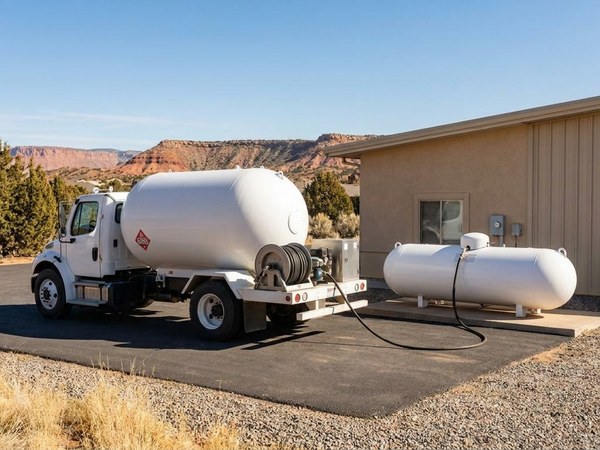 A Running Horse Services propane bobtail making a commercial delivery on a paved pad.