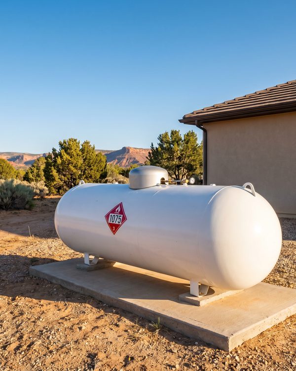 A residential propane tank set at a home