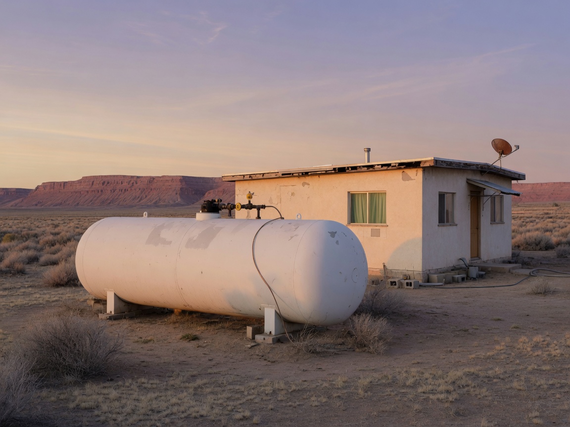 A propane tank set beside a high-desert home.