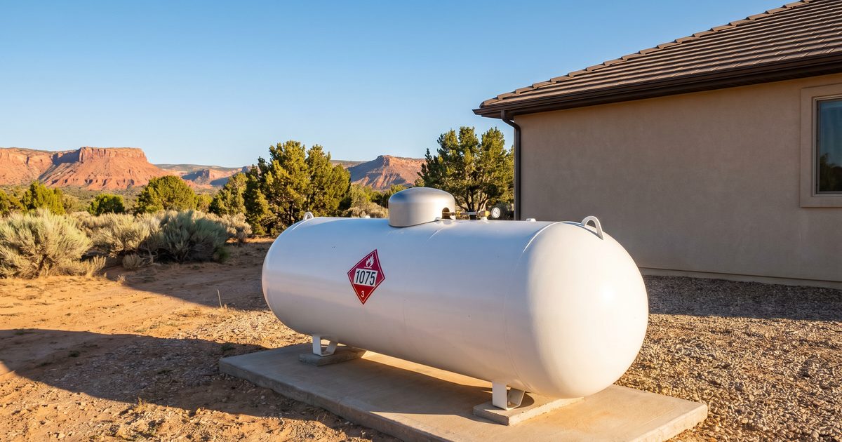 A high-desert home with a white propane tank stored on its own land